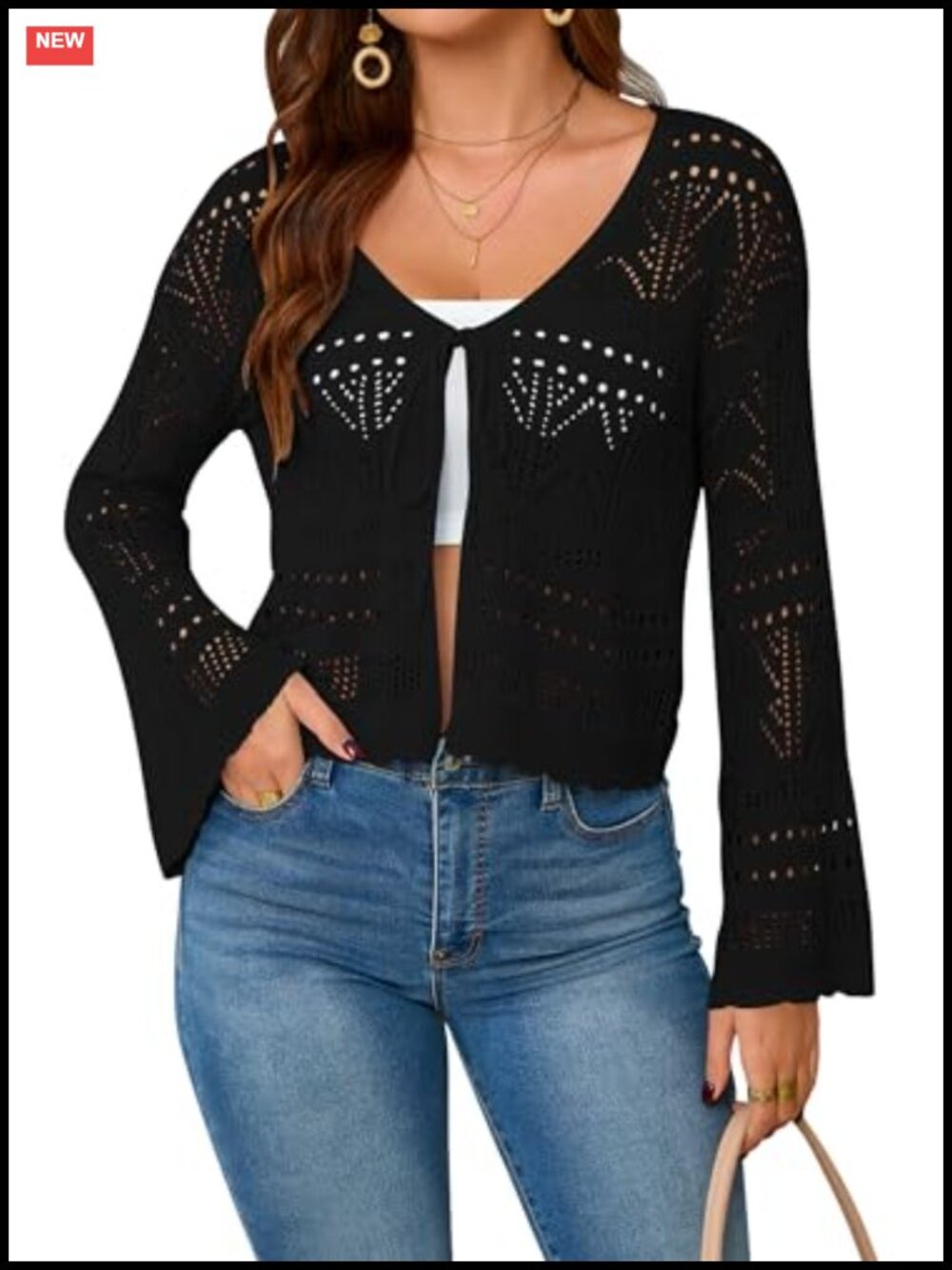 Crochet Cropped Cardigan Tie Front Shrug Sweater Bell Sleeve Boho Knit